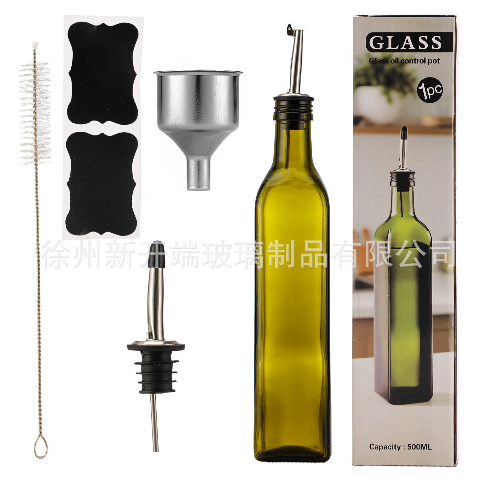 Botella de aceite de vidrio Amazon 500ml dispensador de olla de aceite de oliva verde oscuro Juego de botella de vinagre transfronterizo