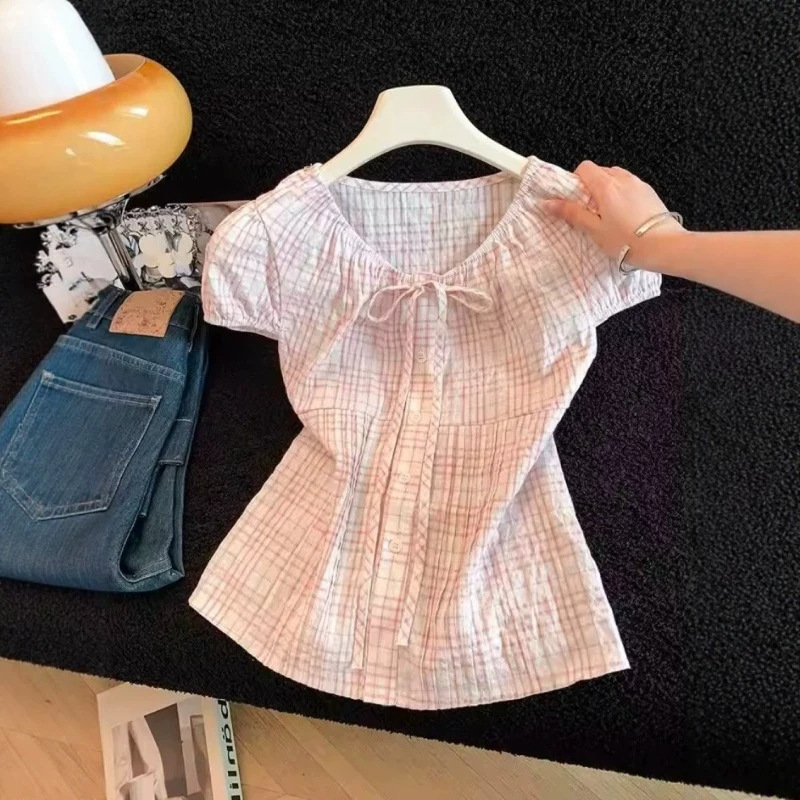 Sweet Pink Plaid Lace-Up Bow Puff-Sleeve Shirt for Women, Summer Waist-Cinching Slim-Fit, Super Stylish Short-Sleeve Top