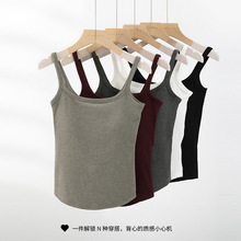 带胸垫彩纱圆角背心吊带女秋冬内搭文胸一体外穿显瘦美背打底上衣