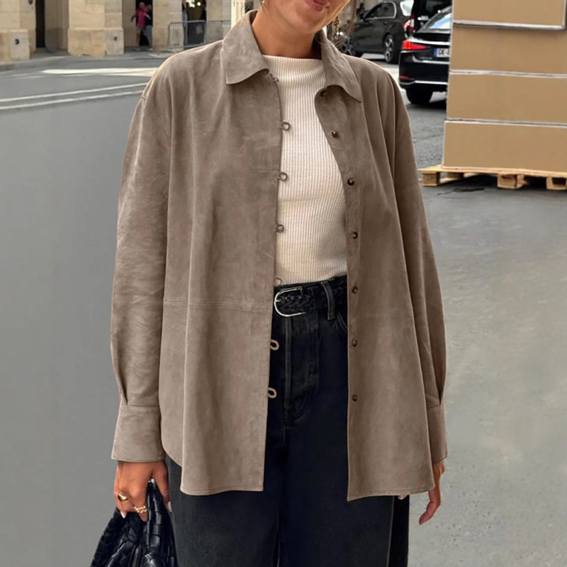 European and American Retro Brown Suede Shirt 2025 Autumn and Winter Niche Loose Mid-Length Cardigan Top Export Women's Clothing European and American Retro Brown Suede Shirt 2025 Autumn and Winter Niche Loose Mid-Length Cardigan Top Export Women's Clothing