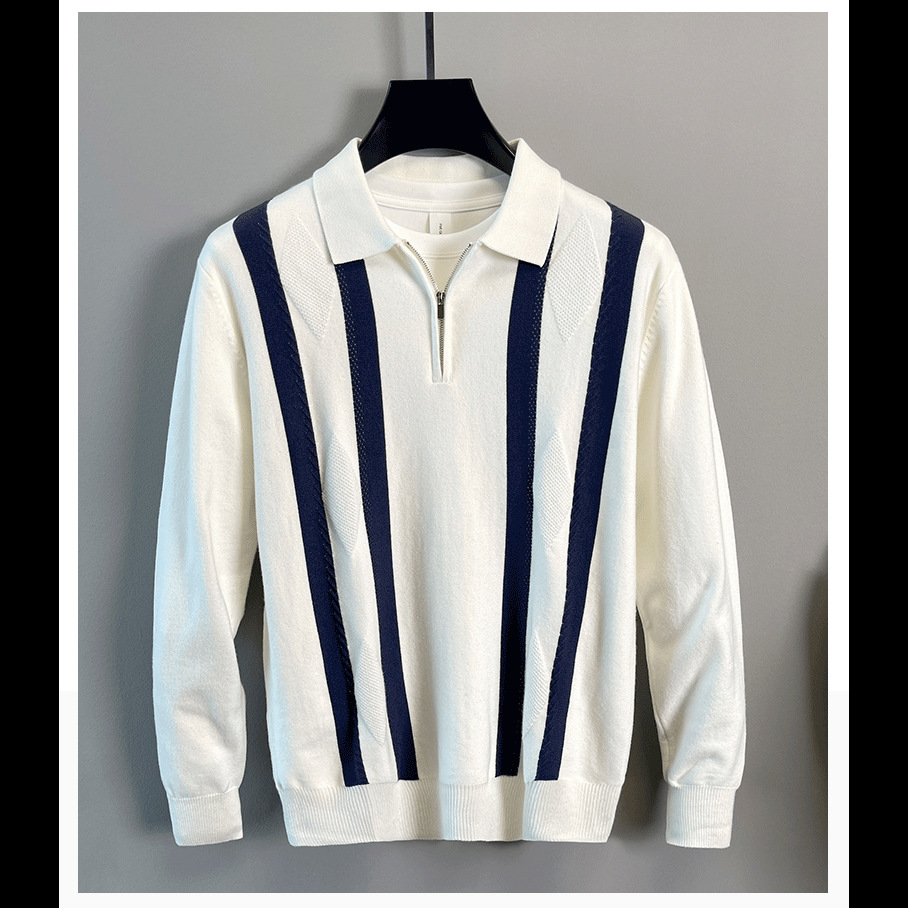 Men’s Half-zip Striped Knitted Polo Shirt Warm Autumn Winter Top_voghion.com