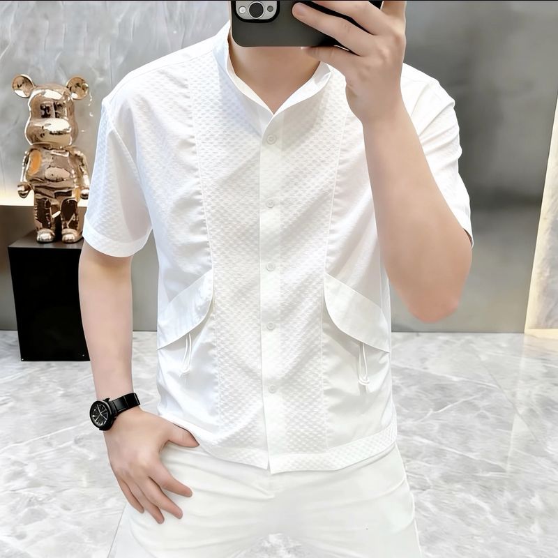 2026 Summer New Men's Stand Collar Patchwork Pocket Short-Sleeve Shirt, Trendy, Versatile, and Stylish Short-Sleeve Shirt for Men