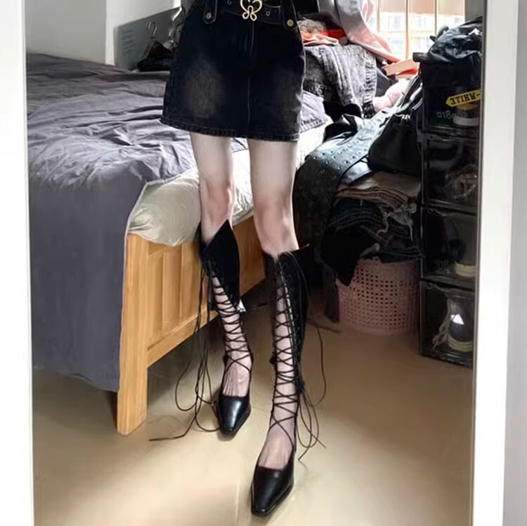 2026 Summer New Niche Dark Style High-Top Boots for Women, European and American Style Hollow-Out Long Boots with Cross-Tie Riding Boots