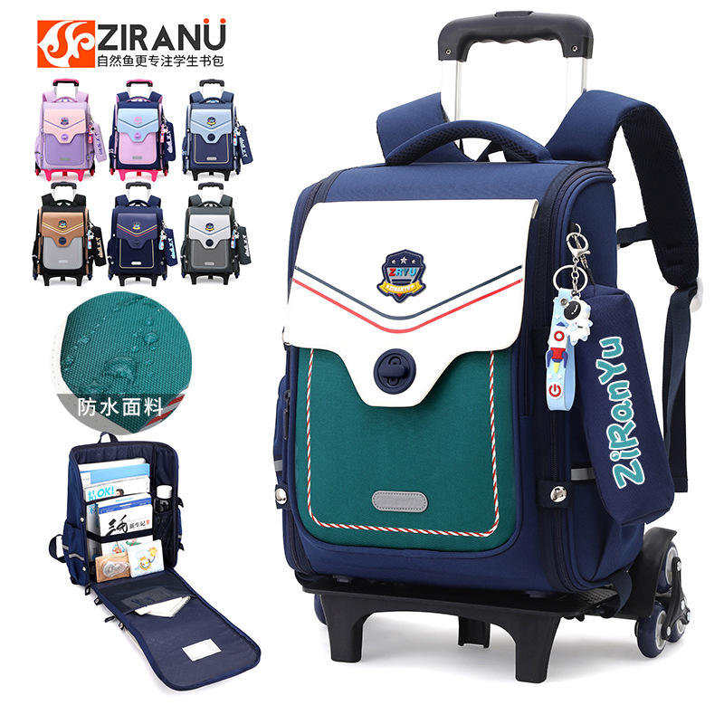 Natural Fish New Boys and Girls Elementary School Student Trolley Schoolbag Detachable Backpack for Grade 3 to Grade 6 Stairs Climbing