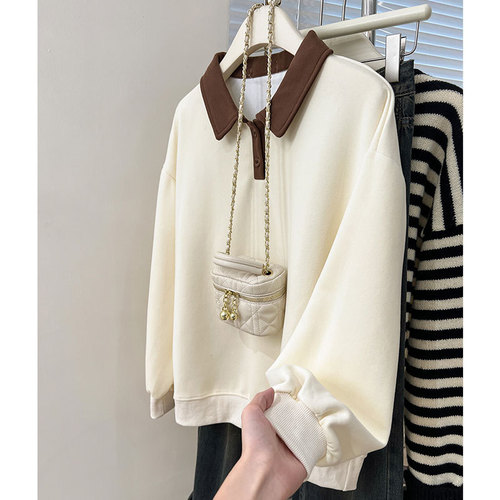 American Retro Color-block Polo Neck Sweatshirt for Women 2025 Spring and Autumn Design Focused Minority Loose Long Sleeve Top Trendy