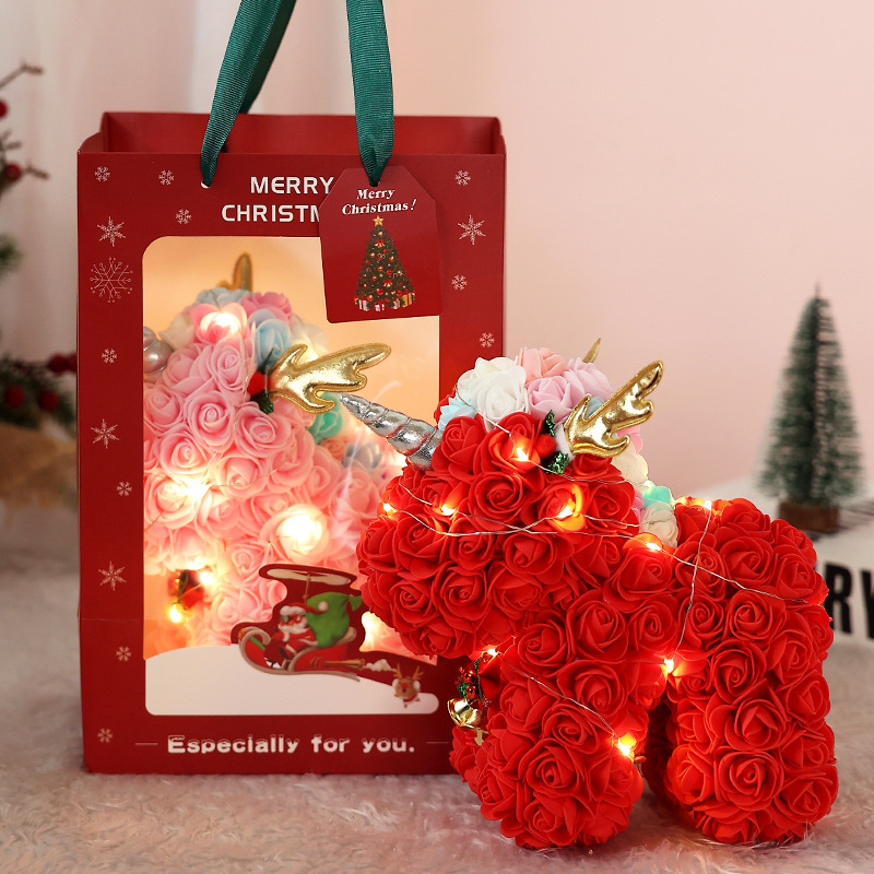 Regalos navideños: Rosa preservada con forma de oso, ideal como regalo de Navidad para niños. Adornos navideños de unicornio con forma de oso y flores de espuma PE. Adornos adorables._voghion.com