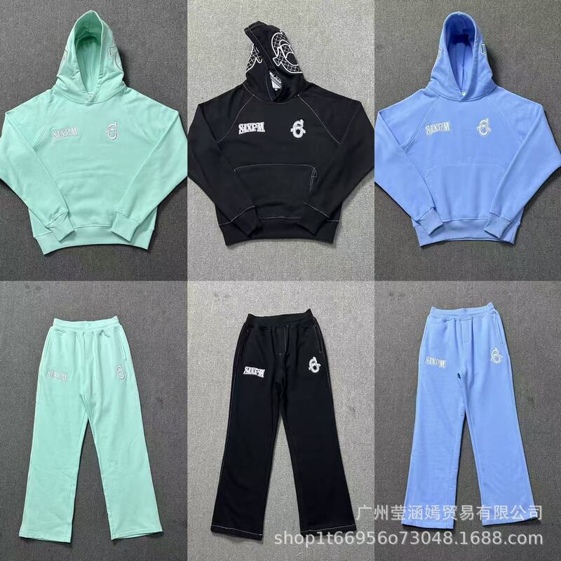 6Pm Drill Embroidered Letter Hip-Hop Fleece-Lined Pullover Hoodie and Long Sweatpants Men's Trendy Sports Suit Jacket