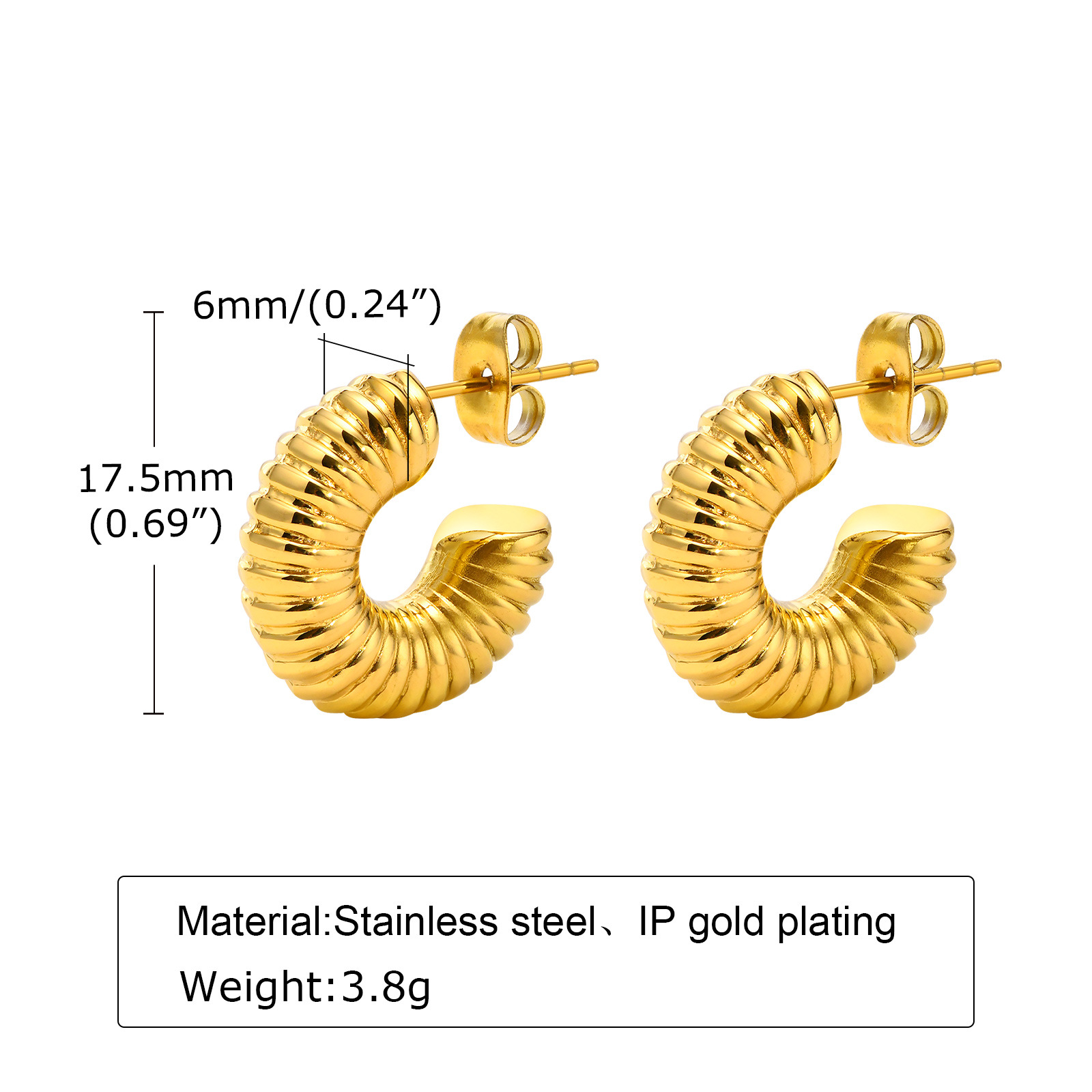 15g Weight Vacuum Plating Gold Plating Process 1 Pair Retro C Shape Plating 201 Stainless Steel Stainless Steel Earrings