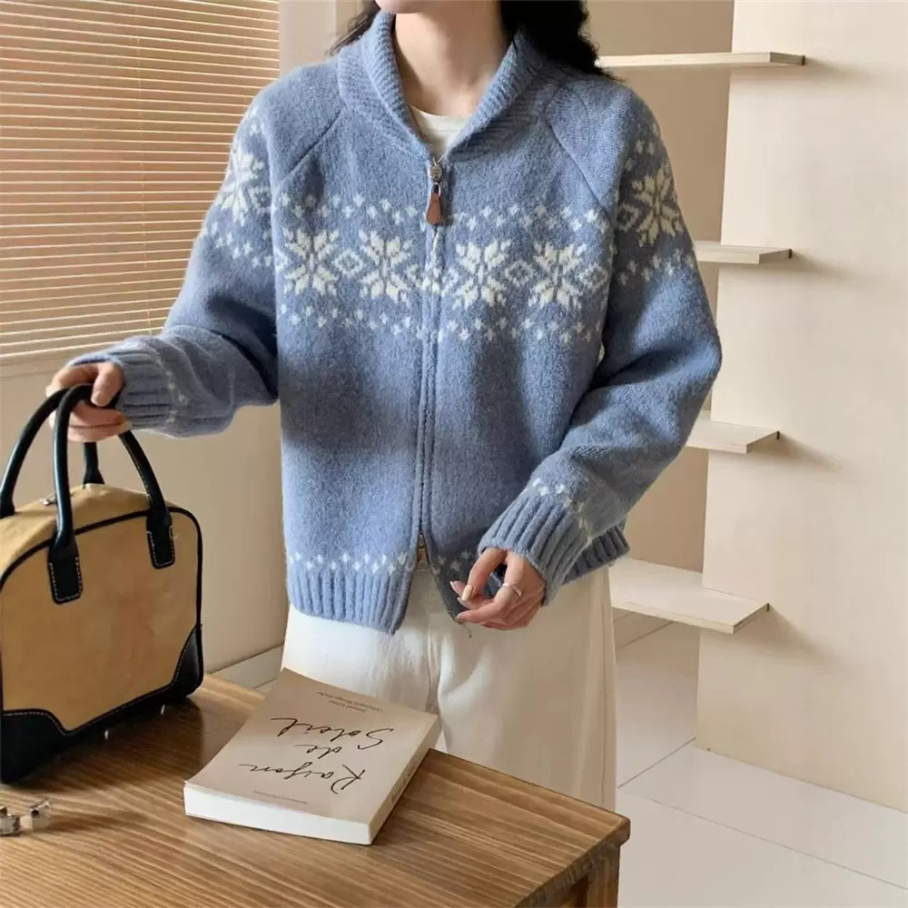 复古费尔岛撞色提花毛衣女秋冬新款慵懒风宽松双拉链针织开衫外套