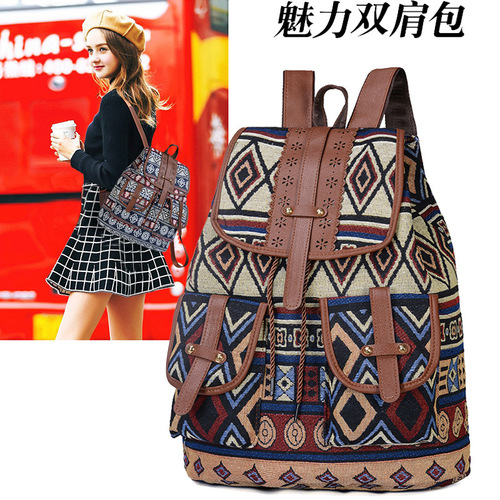 Cross-border new exotic style backpack, retro trend, large capacity, casual, fashionable and personalized drawstring bag for women