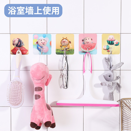 Non-piercing holeless hook, multi-functional household invisible adhesive hook, kitchen and bathroom back of the door cute cartoon pattern hook