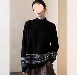 费尔岛风半高领提花软糯保暖毛衣女秋冬黑色时髦宽松感针织衫
