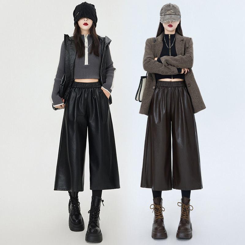 Three-Quarter Length Pu Leather Pants 2026 New Women's Spring Style Slimming Loose Wide-Leg Pants Petite Straight-Leg Three-Quarter Pants Three-Quarter Length Pu Leather Pants 2026 New Women's Spring Style Slimming Loose Wide-Leg Pants Petite Straight-Leg Three-Quarter Pants
