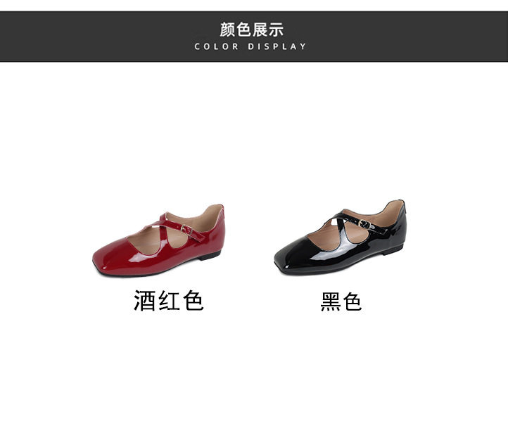 Giày Mary Jane nữ quai chéo mũi vuông, quai khóa nông, đế bằng gót thấp — Màu đen, Màu đỏ chi tiết 5