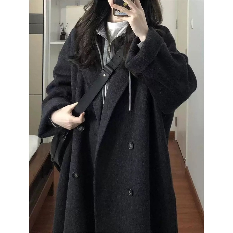 Black and Gray Double-Sided Cashmere Outwear for Women 2025 Autumn and Winter New Korean Style Mid-Length Woolen Outwear Versatile