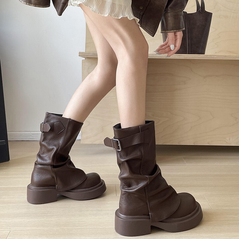 PU冬ローヒール (3cm未満) 秋冬ファッションブーツスリーブ高筒ゴムラウンドヘッドブーツ|undefined