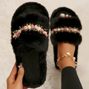 Foreign Trade Flower Mao Mao Slippers Women's Outer Wear 2024 Autumn and Winter New Fairy Style Soft Bottom Home Cotton Slippers