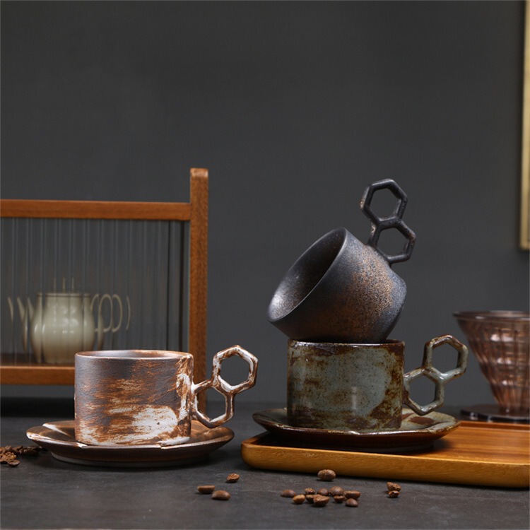 Coffee Cup and Saucer Set Creative Afternoon Tea Ceramic Cup Retro Handmade Espresso Cup Stoneware Milk Breakfast Cup