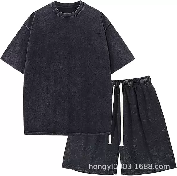 男式休闲运动套装春夏季亚马逊欧美男装外贸新款港风抽绳两件套男