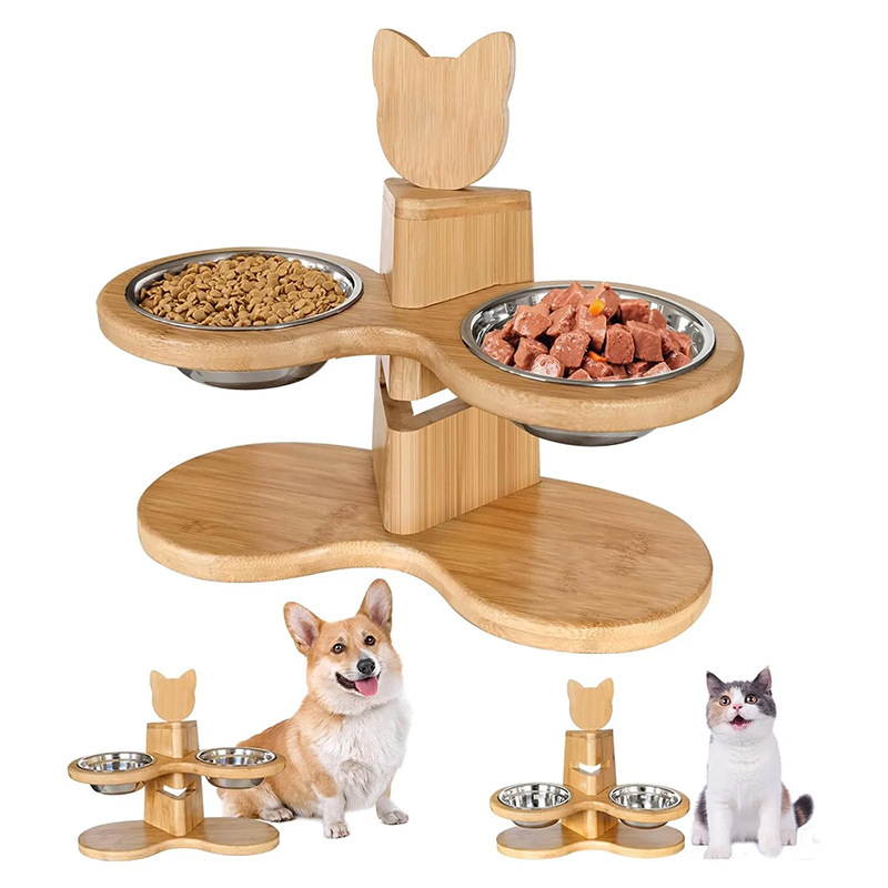 Cross-Border New Wooden Cat Food Utensils, Adjustable Height Pet Bowl Rack, Floor-Standing Dog Dining Table, Cat Bowl Heightening Rack