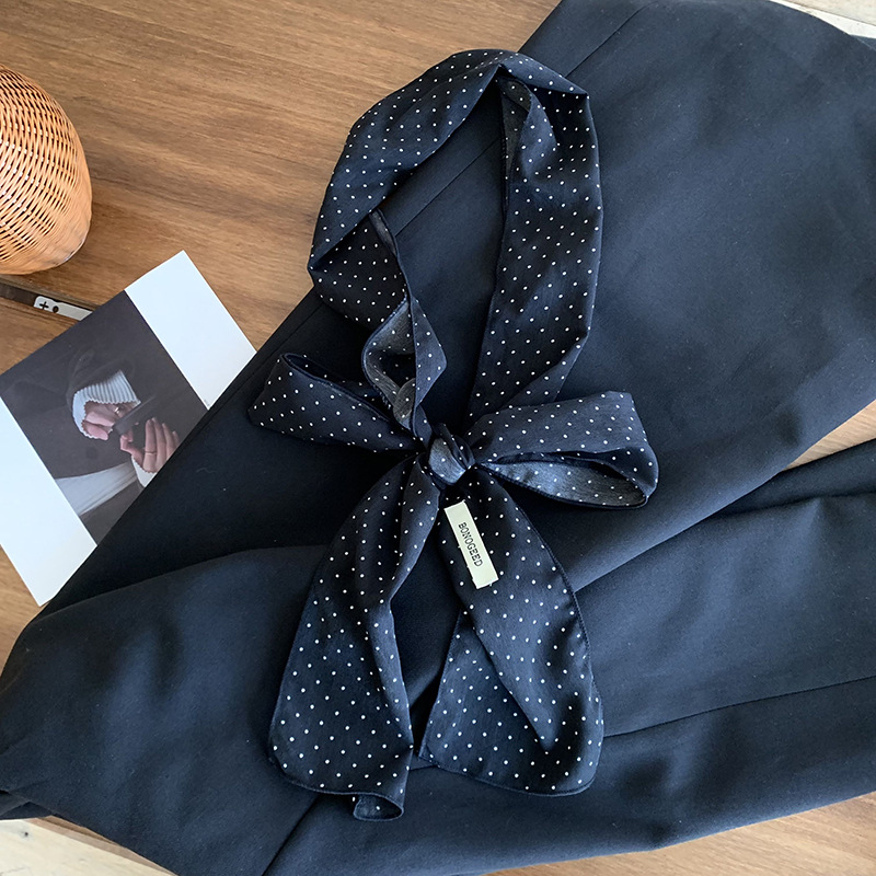 Bufanda de seda para mujer, banda larga, sensación de alta calidad, bufanda de seda de lunares simple retro, bufanda de cinta multiusos, diadema, cinturón para el cabello