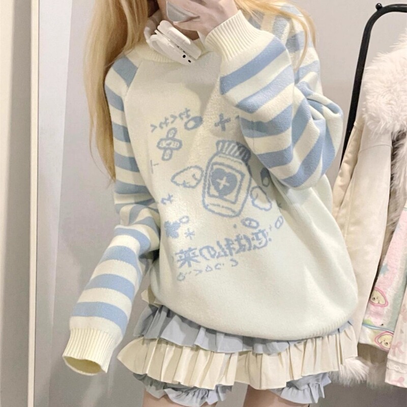 Striped stitching two-dimensional y2g Asian culture long-sleeved sweater women's round neck blue autumn and winter New knitwear top