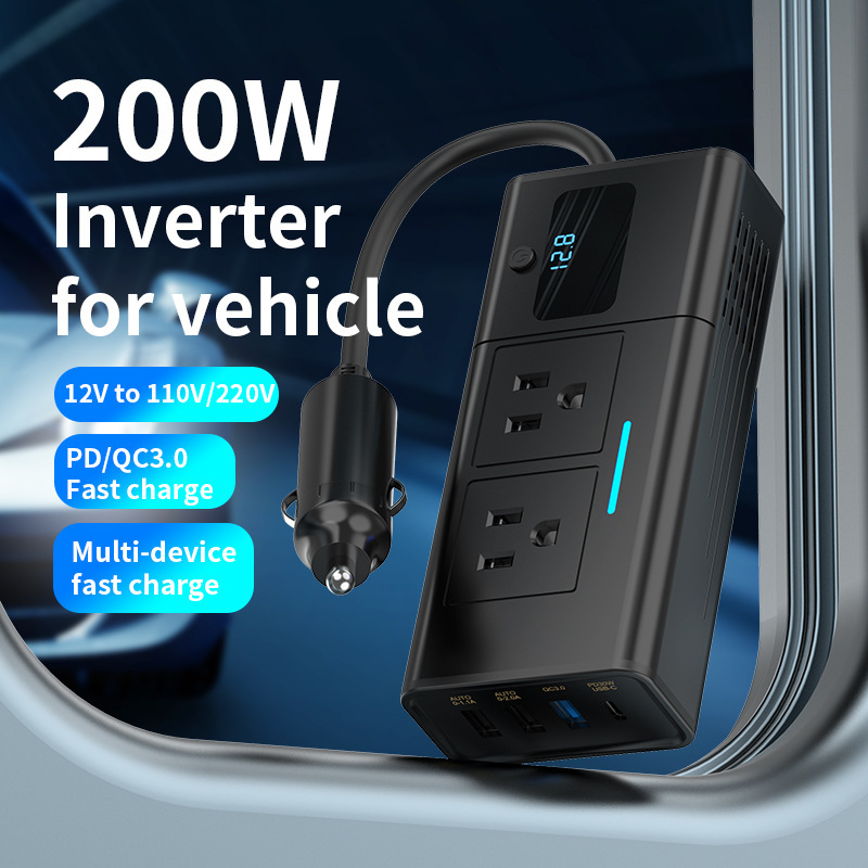 200W Car Inverter 12V to 110V Dual Us Standard Plug USB Qc3.0 Pd Charging Power Converter