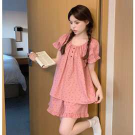 批发货源甜美花边碎花宽松短袖套装睡衣夏季家居服