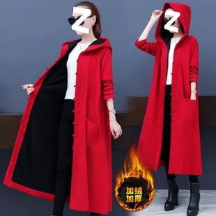 2023 new fleece-lined thick warm retro ethnic style trench coat women's autumn and winter long fleece-lined plus size outer wear