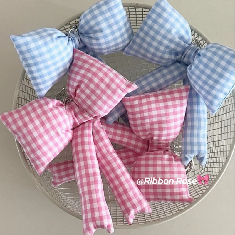 South Korea Ins Style Simple Blue Pink Plaid Bow Accessories Keychain Cute Sweet High-end Bag Hanging Accessories