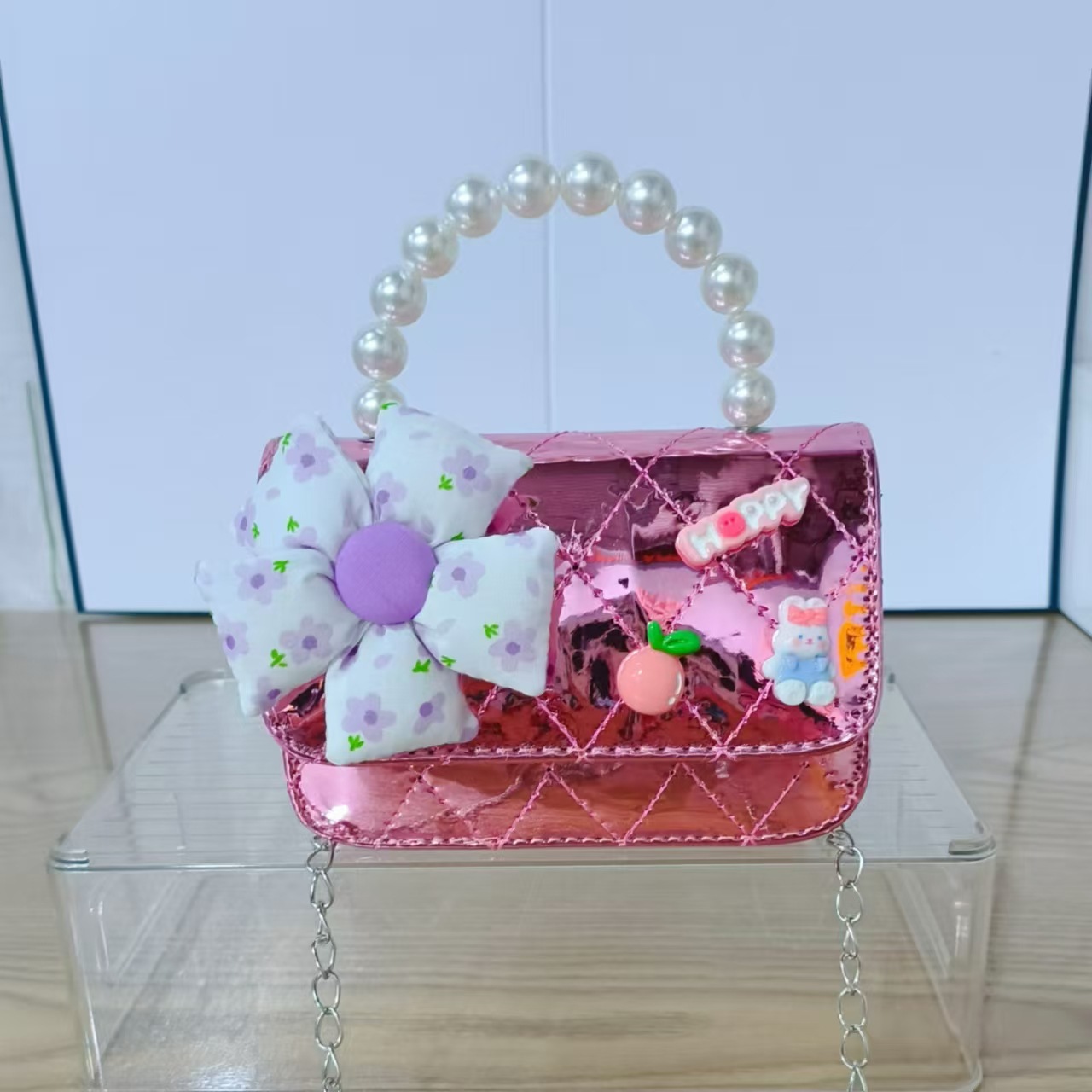 Bolso de perla para niña, bolso de mensajero, monedero para niña, flor de fragancia láser, bolso para niños, cadena, bolso cuadrado pequeño