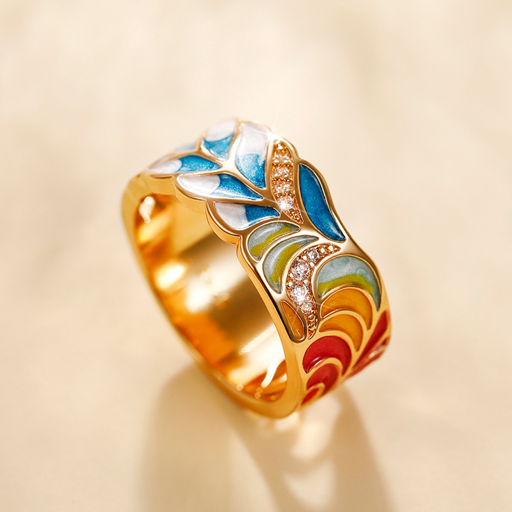 Cao Shi Fashion ins Wind Net Red Ring Punk Style Copper Gold Plated Oil Drop Blue and white porcelain Pattern Hip Hop Ring_voghion.com
