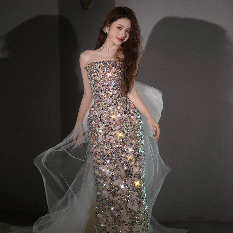 Vestido de noche sin tirantes con lentejuelas para mujer, nuevo modelo 2026, con elaborada artesanía, ideal para actuaciones solitarias, estilo de hada, ceremonias para adultos, banquetes, vestido de anfitriona.