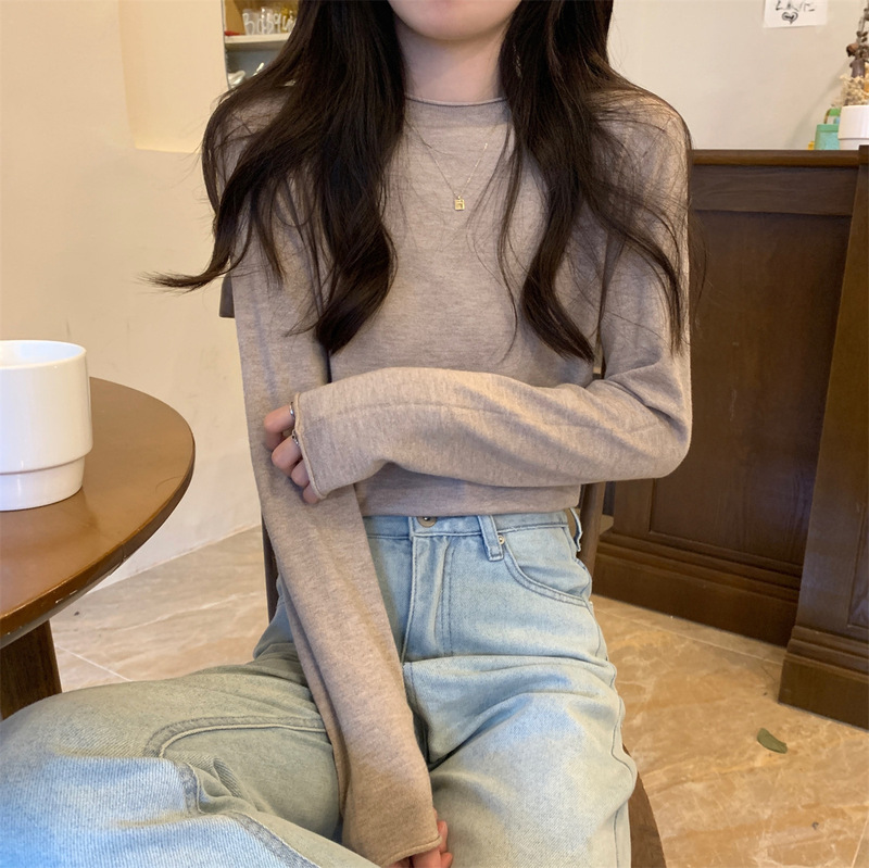 韩版基础款圆领卷边针织衫打底女早秋慵懒风毛衣长袖软糯内搭上衣|undefined