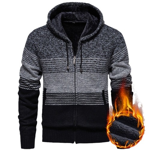 Men's Casual Hooded Knit Sweater, Fashion Contrast Color Fleece Warm Outerwear for Autumn and Winter