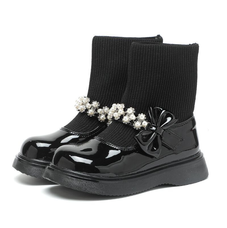 女童短靴袜子鞋2025秋冬季新款儿童皮鞋公主靴子女孩单靴珍珠棉袜