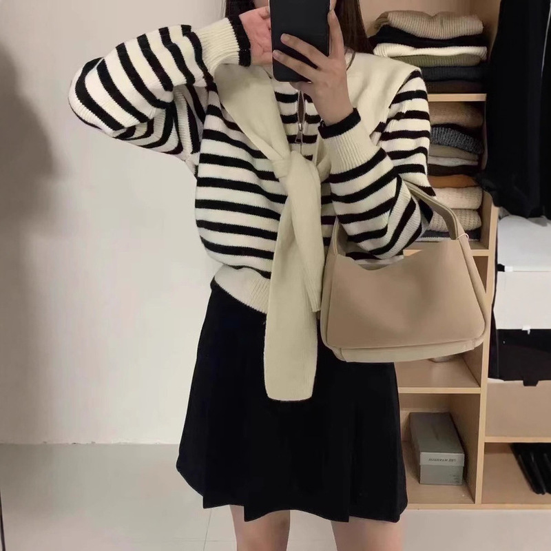 秋季新款韩版气质条纹短款针织开衫女小众设计感宽松百搭长袖外套|undefined