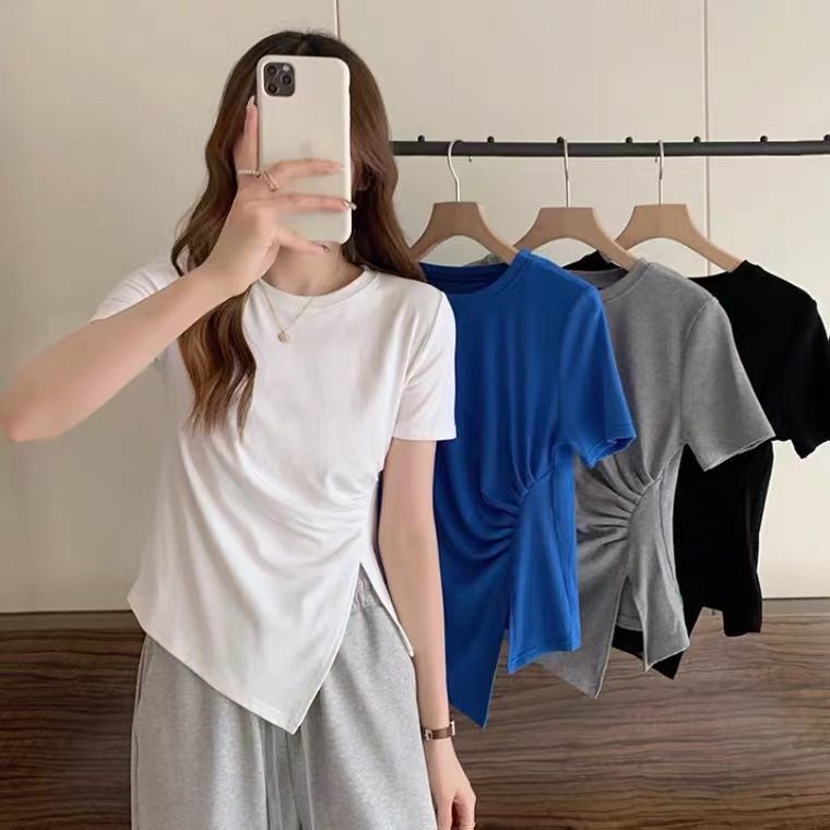 Irregular T-shirt Women's 2025 Summer New Korean-style Tight Waist Slimming Side Split French Stitching T-shirt Top Irregular T-shirt Women's 2025 Summer New Korean-style Tight Waist Slimming Side Split French Stitching T-shirt Top