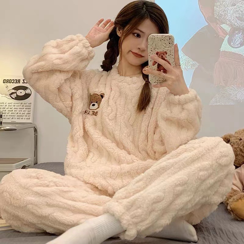 Franela engrosada de manga larga pijamas para mujeres invierno dulce Otoño e Invierno oso coral polar cálido ropa de abrigo homewear traje