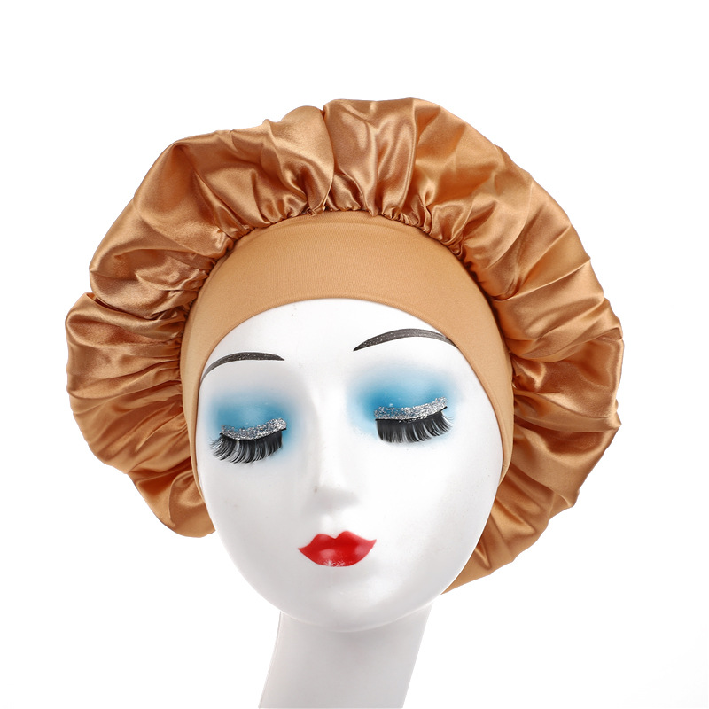 Amazon damas de borde ancho de alto elástico sombrero, sombrero de dormir, sombrero de baño, sombrero de quimioterapia, sombrero de seda, sombrero de cuidado del cabello transfronterizo
