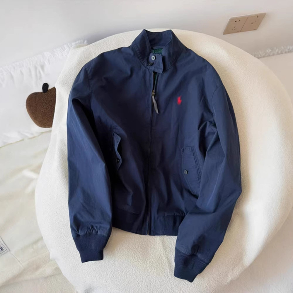 Navy blue Harrington jacket for men, autumn style, high-end embroidered lapel baseball jacket, American retro trendy coat.
