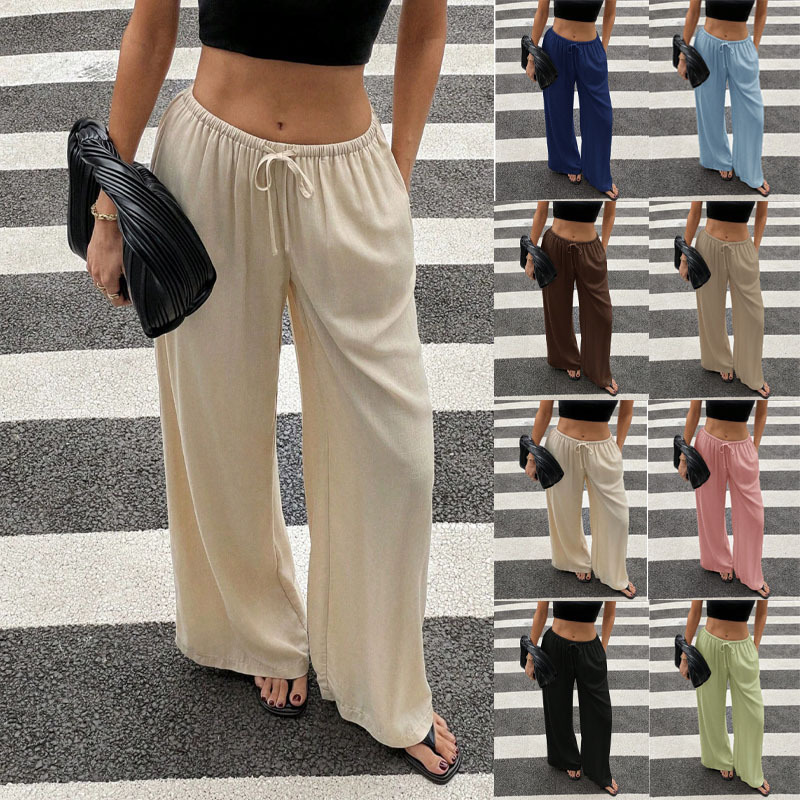 Cross-border drawstring elastic waist linen-feel wide-leg pants for women, drapey breathable straight casual pants with pockets, casual long pants