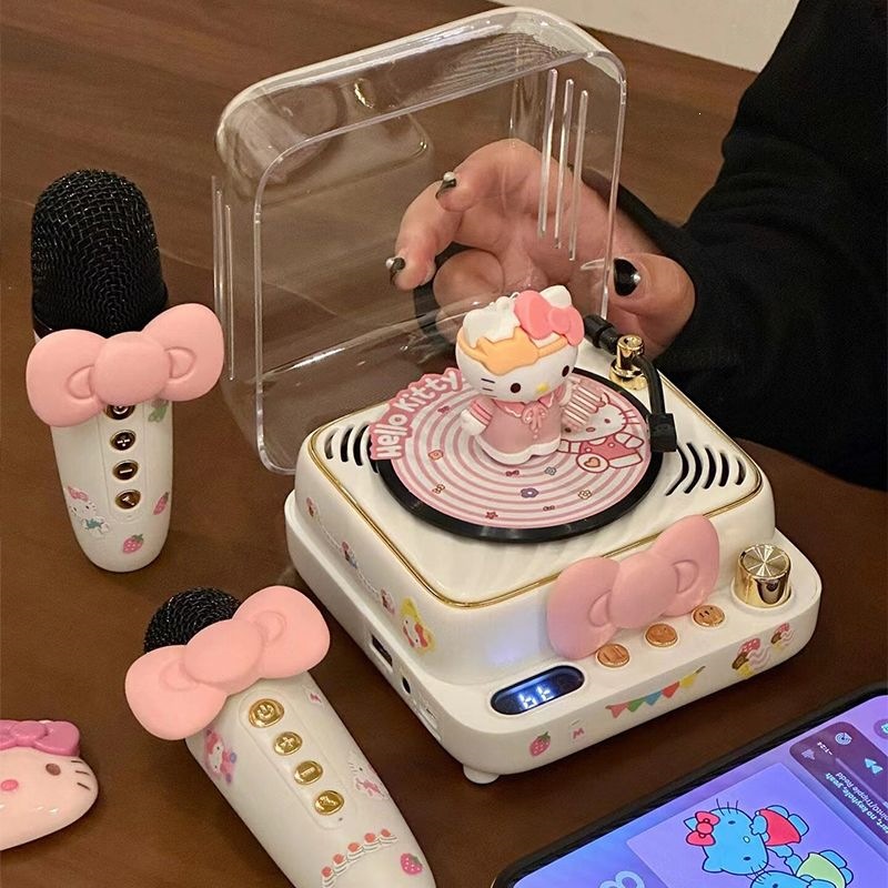 Hello Kitty record player Bluetooth speaker cute KT cat microphone singing speaker birthday gift for girls