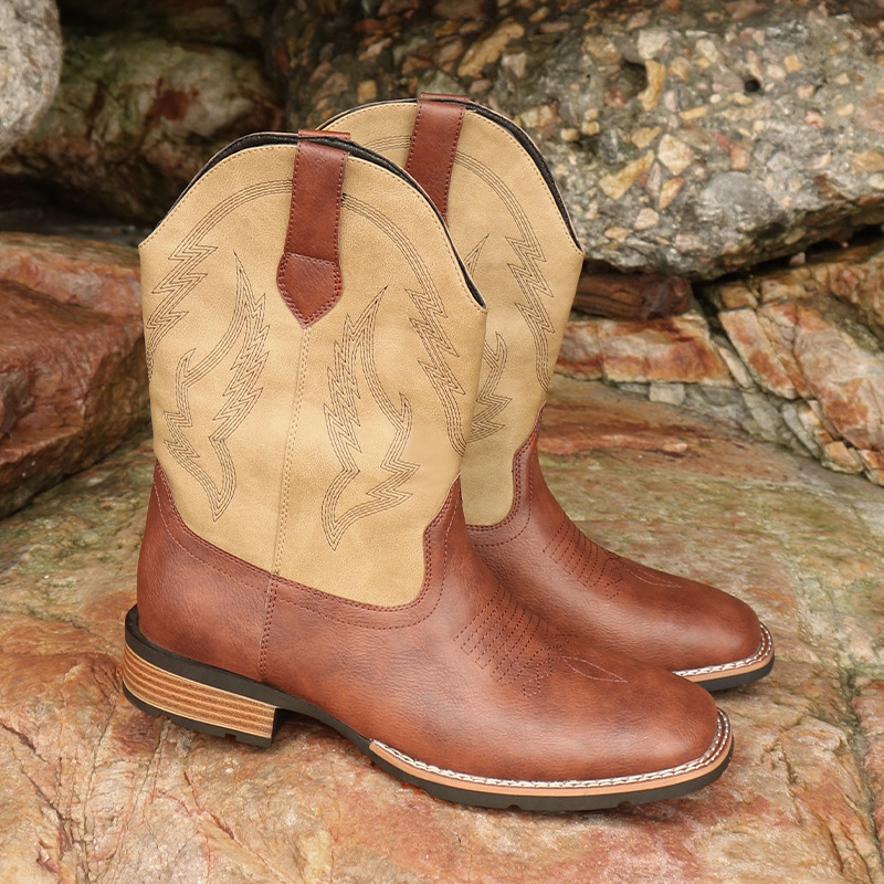 Vintažiniai kvadratiniai plius dydžio kaubojiški batai vyrams_voghion.com