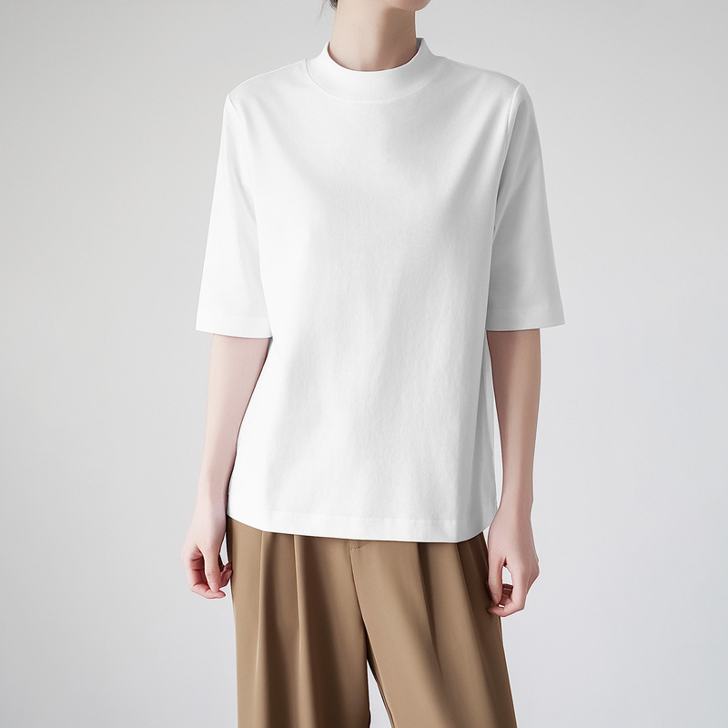 Cool Cotton Half Turtleneck T-Shirt for Women, Mid-Sleeve, Stand-Up Collar, Back Seam, Work Clothing Mid-Collar Bottoming Shirt, Layered Top