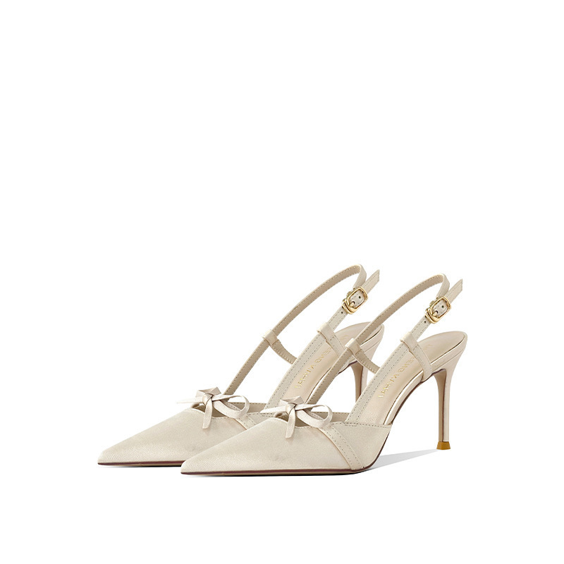 [in Stock] French Style Summer New Silk Satin Bow Design Unique High-Heel Wedding Shoes Hollow Toe Sandals for Women