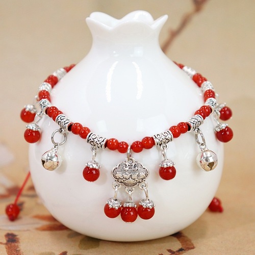 New Women's Summer Red Cord Natural Red Agate Ankle Chain Retro Peace Lock Tassel Bell Ankle Chain Accessory for Zodiac Year