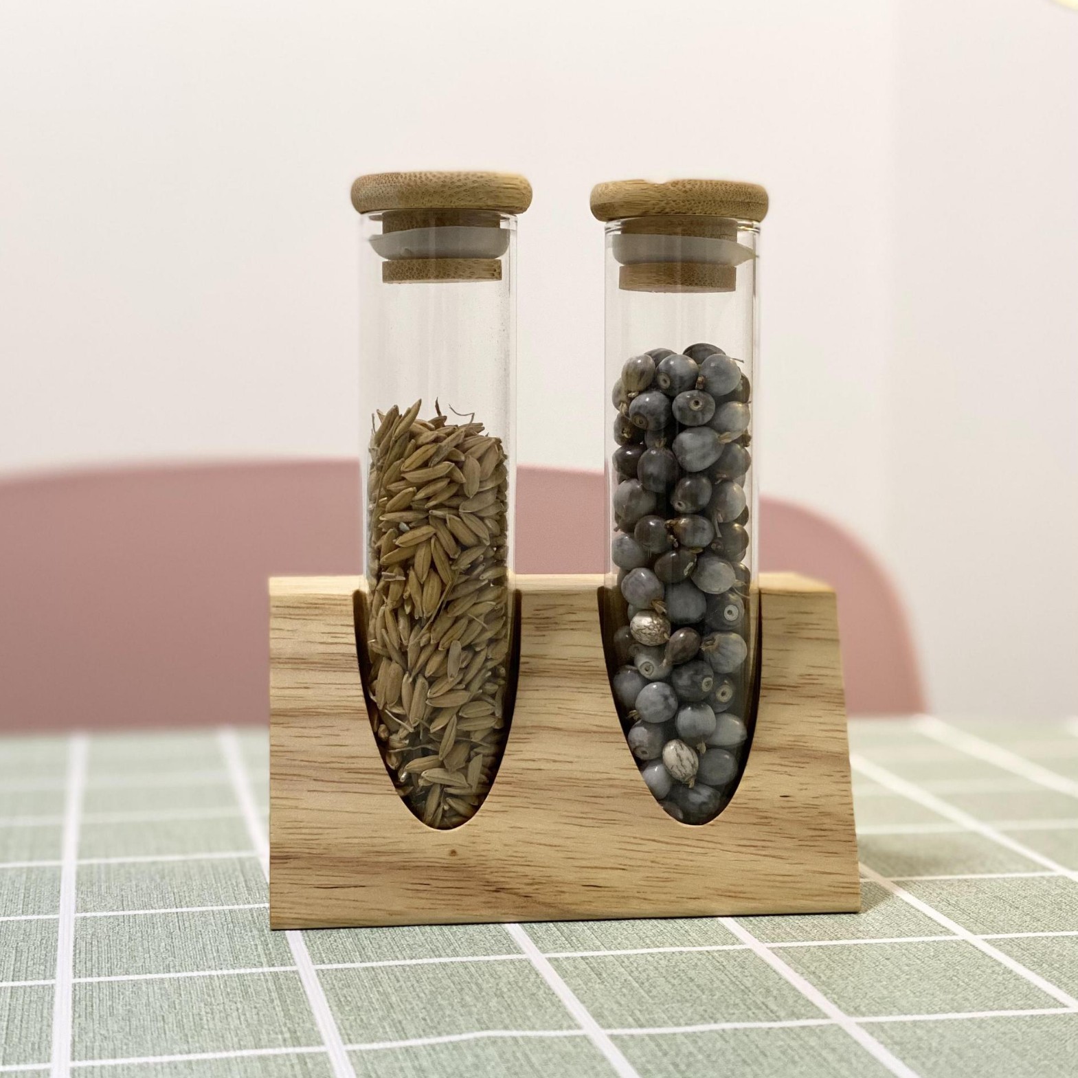 Tubo de ensayo de vidrio de borosilicato estante de exhibición de madera maciza muestra té granos de café cocina clasificación de almacenamiento tanque de almacenamiento