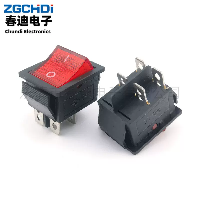 船型开关KCD4-201N 2档4脚 翘板按钮 带灯红色15A 250V 电源开关