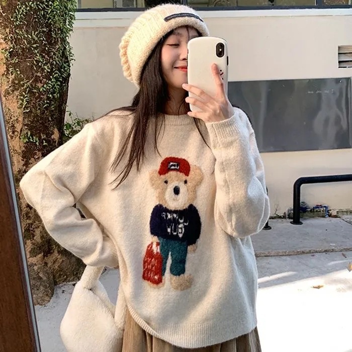 나른한 바람 나이 빼기 2023 곰돌이 신상 한국판 스웨터 여자 가을 겨울 와이